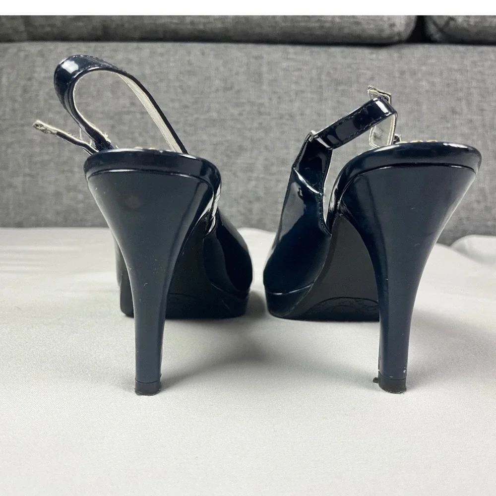 Rampage Flanders Navy Blue Patent Peep Toe Slingback Platform Heels Womens 8.5M